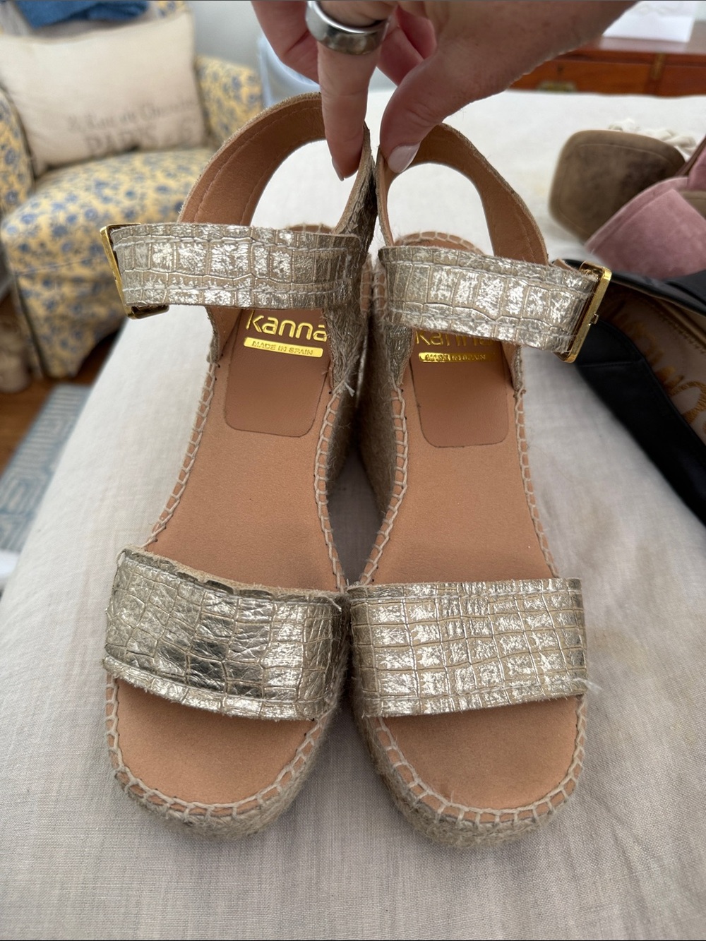 kanna Metallic Croc-Embossed Gold Espadrille Wedge Sandals